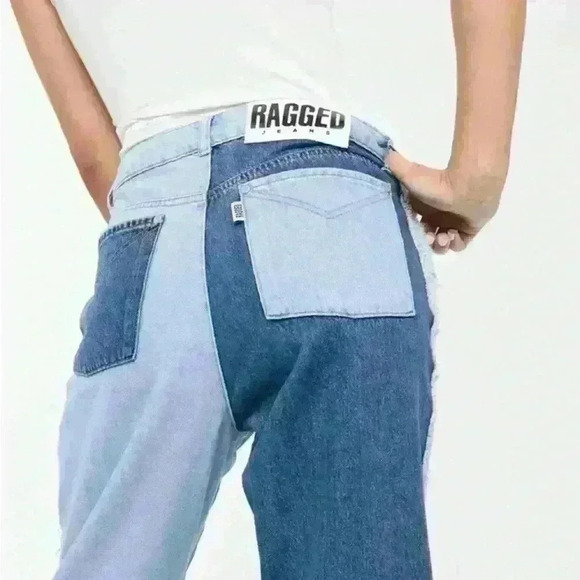 Ragged Jeans Patchwork Quarter Panel Mom Indigo Blue 100% Cotton Denim Sz 26 - Picture 3 of 6